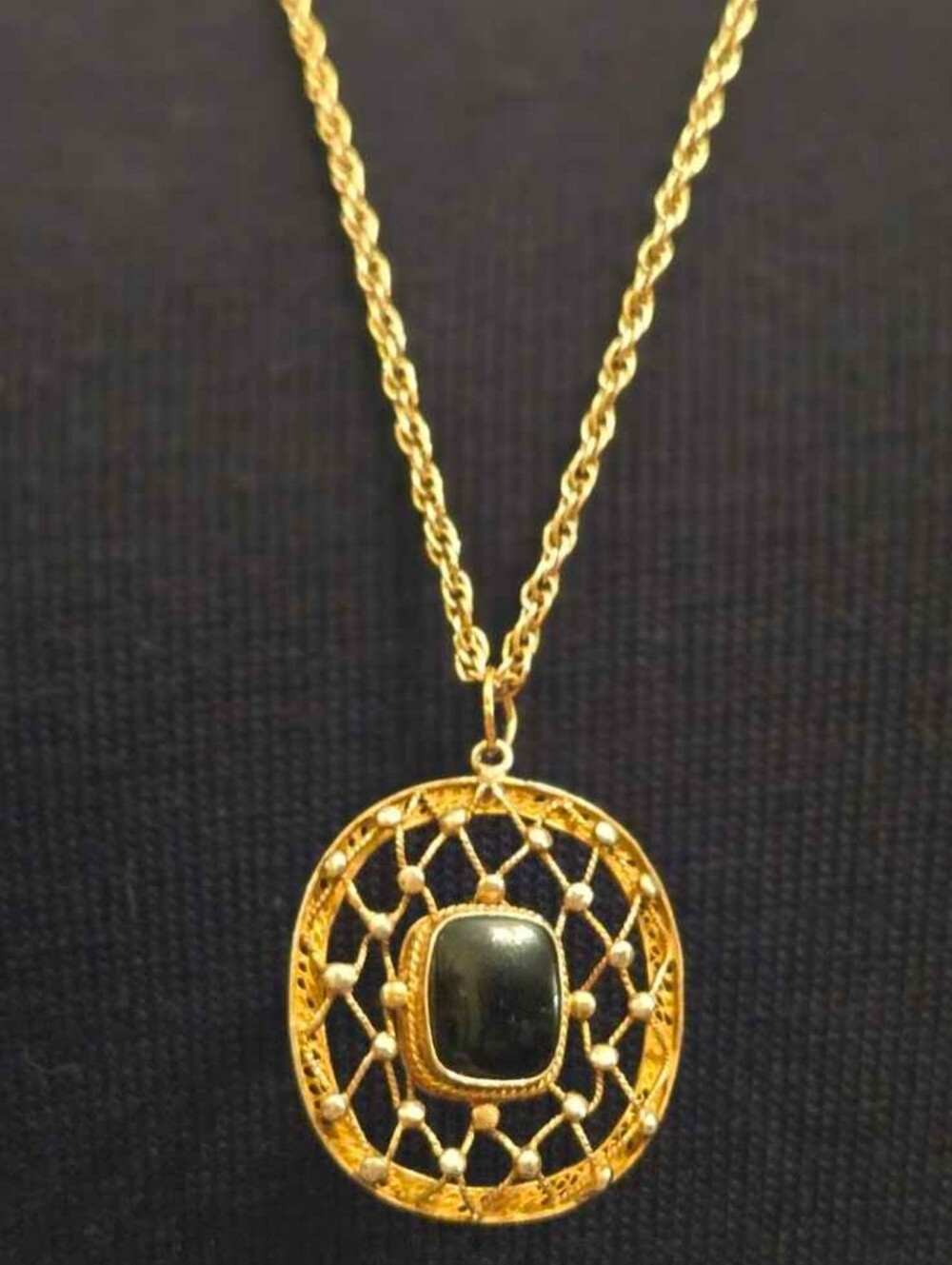 Gold Over Sterling Filigree Pendant Necklace with Onyx Stone